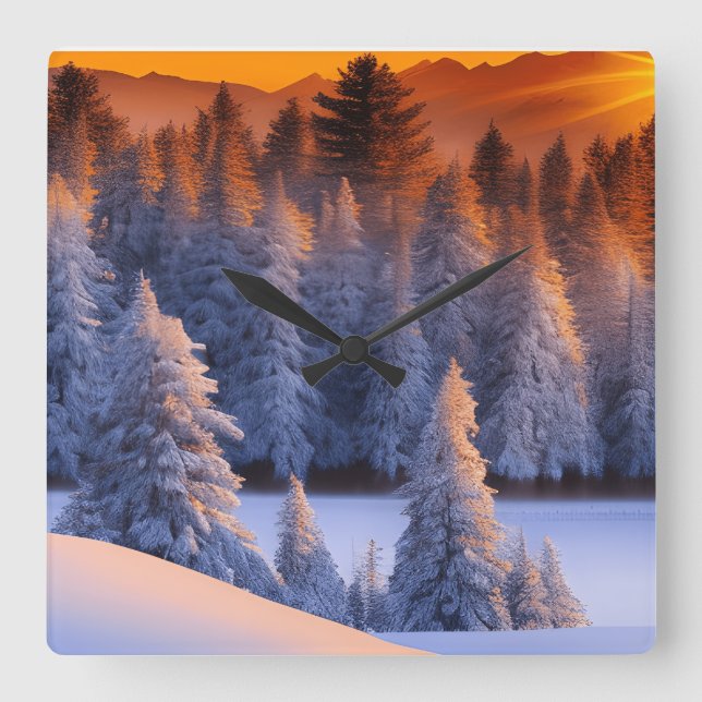Winter Forest Sunrise Theme Square Wall Clock (Front)