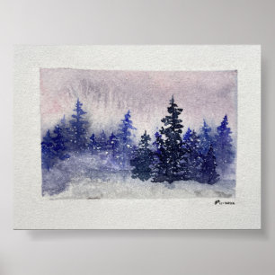 Winter Forest Twilight Firs Watercolor Art Print