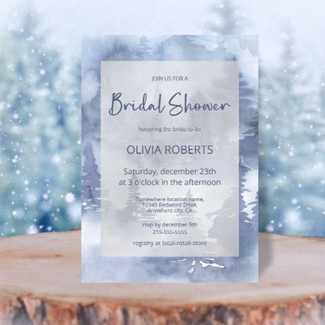 Winter Forest Watercolor Navy Blue Bridal Shower Invitation (Creator Uploaded)