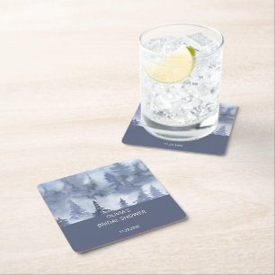 Winter Forest Watercolor Navy Blue Bridal Shower Square Paper Coaster