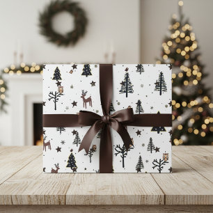 Winter Forest Whimsy: Owls, Deer, and Starry Pines Wrapping Paper