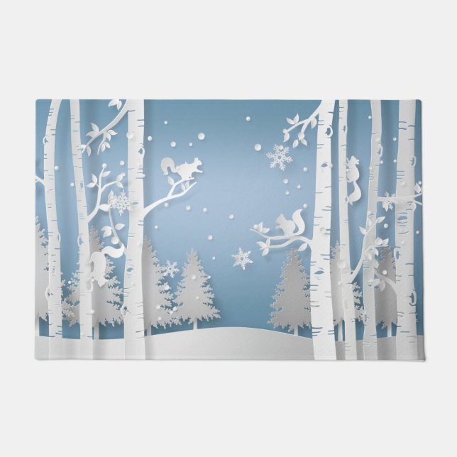 Winter Forest with Squirrels Papercut Doormat (Front)