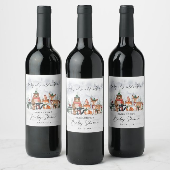 Winter Forest Woodland Animals Baby Shower Favours Wine Label (Bottles)