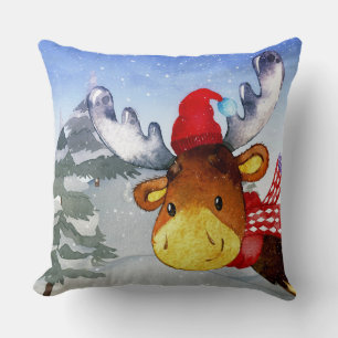 Winter Forest Woodland Friends Deer Illustration Throw Pillow