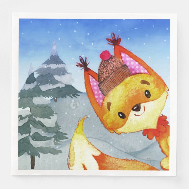 Winter Forest Woodland Friends Fox Illustration Napkin (Front)