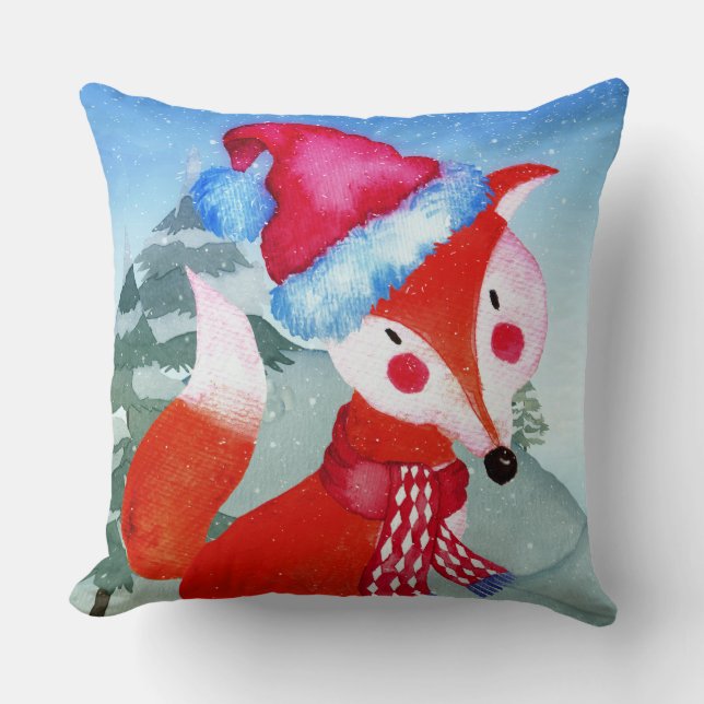 Winter Forest Woodland Friends Fox Illustration Throw Pillow (Front)