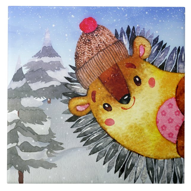 Winter Forest Woodland Friends Hedgehog Drawing Tile (Front)