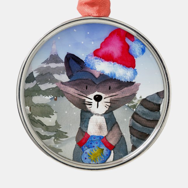 Winter Forest Woodland Friends Racoon Illustration Metal Ornament (Front)