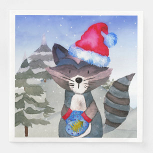 Winter Forest Woodland Friends Racoon Illustration Napkin