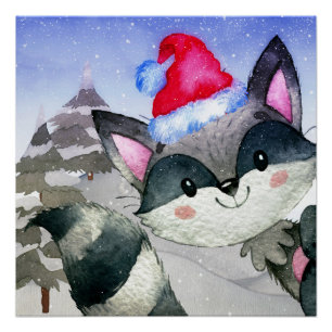 Winter Forest Woodland Friends Racoon Illustration Poster