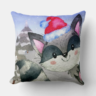Winter Forest Woodland Friends Racoon Illustration Throw Pillow