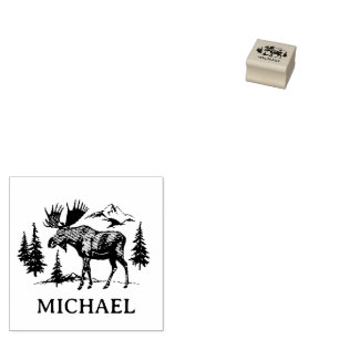 Winter Forest Woodland Moose Personalized   Rubber Stamp