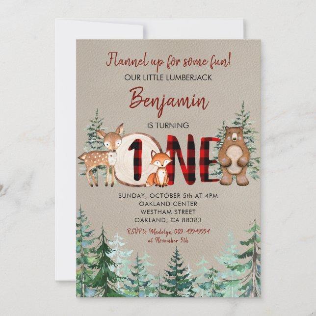Winter Forest Woodland Red Plaid First Birthday Invitation (Front)
