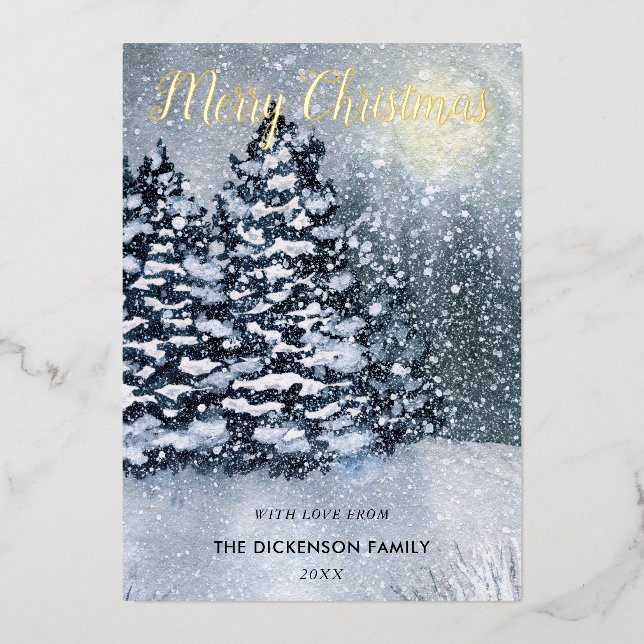 Winter ForestSnow Covered Pine Trees Foil Holiday Card (Front)