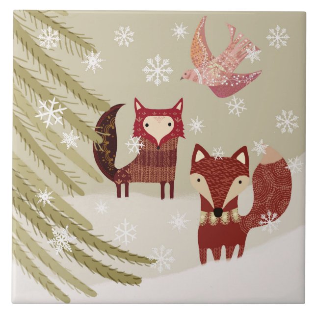 Winter Fox and Dove Ceramic Kitchen Tile (Front)