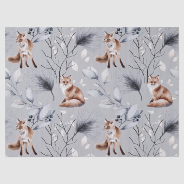 Winter Fox Botanical Watercolor Tissue Paper (Front)