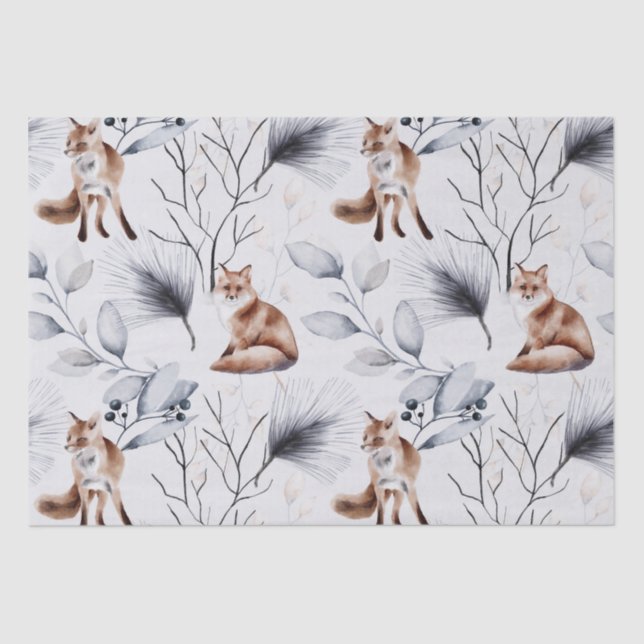 Winter Fox Botanical Watercolor Tissue Paper (Front)