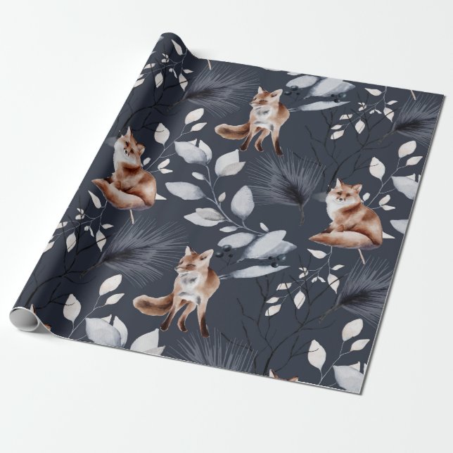 Winter Fox Botanical Watercolor Wrapping Paper (Unrolled)