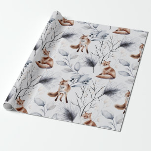 Winter Fox Botanical Watercolor Wrapping Paper