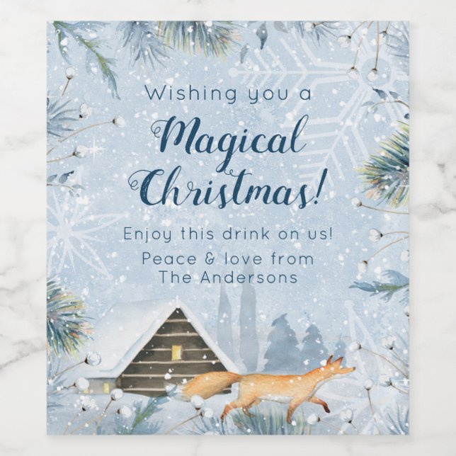 Winter Fox Cabin Snow Personalized Christmas Wine Label (Single Label)