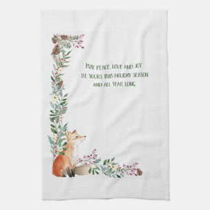 Winter Fox Holiday Foliage Frame Christmas   Kitchen Towel