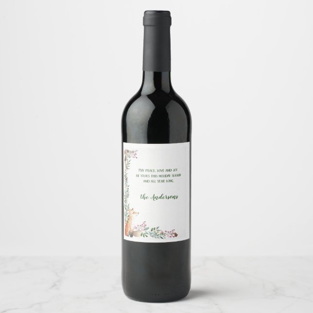 Winter Fox Holiday Foliage Frame Christmas   Wine Label (Front)