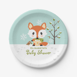 Winter Fox in Diapers Baby Shower Paper Plate