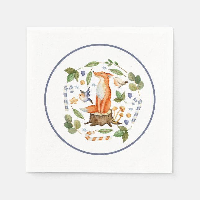 Winter Fox on Tree Stump Leaves Candy Canes Napkin (Front)