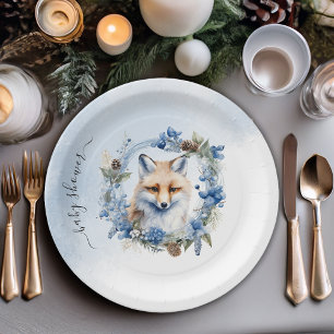 Winter Fox Watercolor Baby Shower Paper Plate