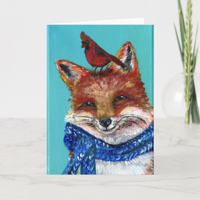 Winter Fox with cardinal! Card (Front)