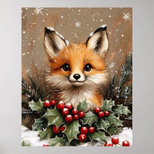 Winter Fox with Holly and Snowy Pine Poster