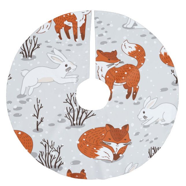 Winter Foxes Bunny Seamless Pattern Brushed Polyester Tree Skirt (Front)