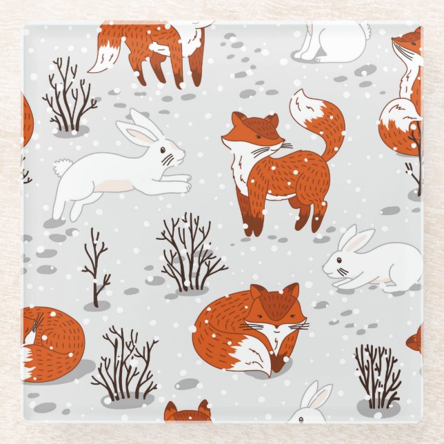 Winter Foxes Bunny Seamless Pattern Glass Coaster (Front)