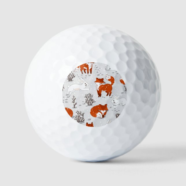 Winter Foxes Bunny Seamless Pattern Golf Balls (Front)