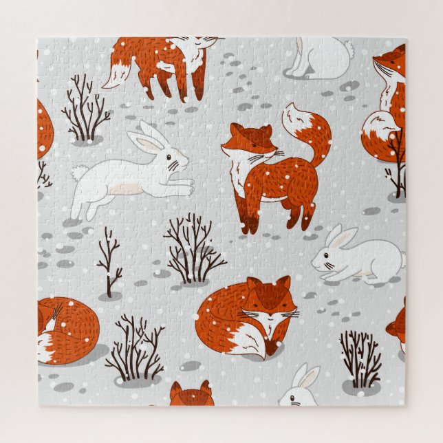Winter Foxes Bunny Seamless Pattern Jigsaw Puzzle (Vertical)