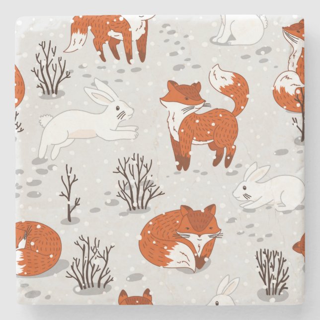 Winter Foxes Bunny Seamless Pattern Stone Coaster (Front)