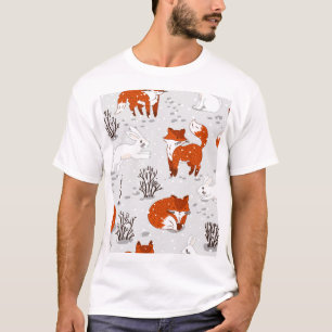 Winter Foxes Bunny Seamless Pattern T-Shirt