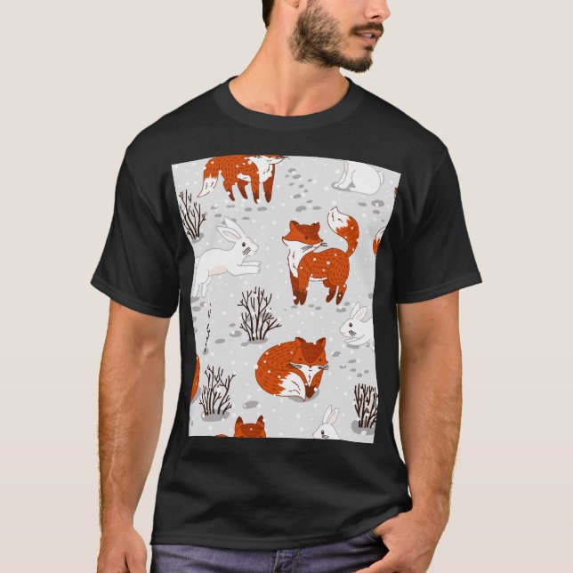 Winter Foxes Bunny Seamless Pattern T-Shirt (Front)