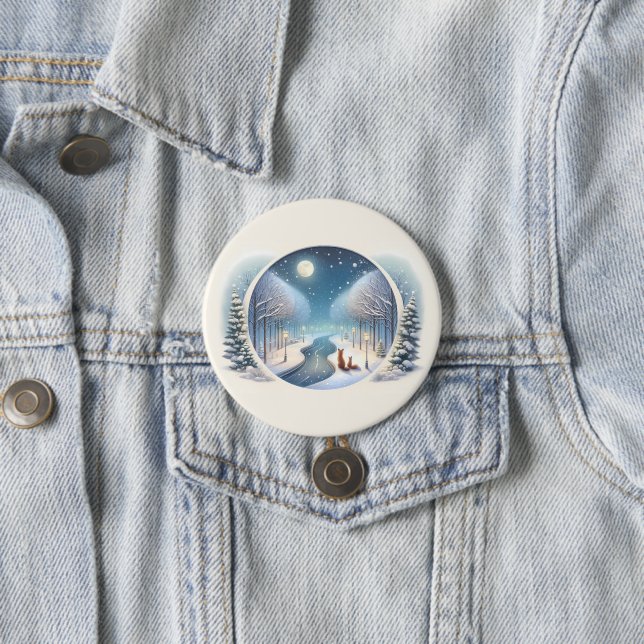 Winter Foxes by Moonlit Snowy River 3 Inch Round Button (In Situ)