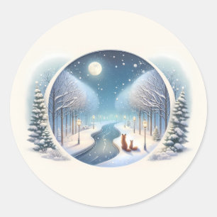 Winter Foxes by Moonlit Snowy River Classic Round Sticker