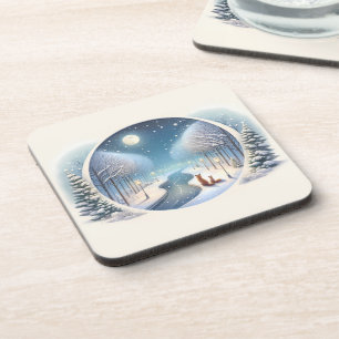 Winter Foxes by Moonlit Snowy River Coaster