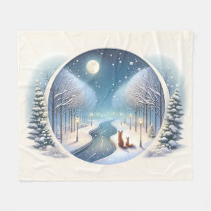 Winter Foxes by Moonlit Snowy River Fleece Blanket