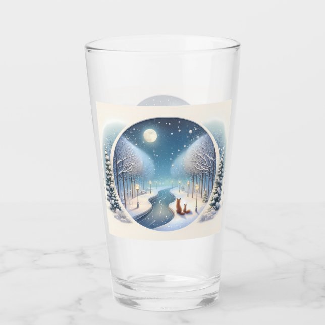 Winter Foxes by Moonlit Snowy River Glass (Front)