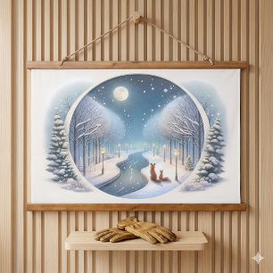Winter Foxes by Moonlit Snowy River Hanging Tapestry