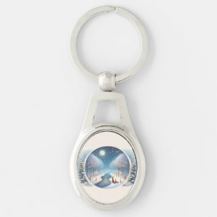 Winter Foxes by Moonlit Snowy River Keychain