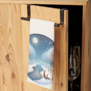 Winter Foxes by Moonlit Snowy River Kitchen Towel