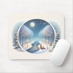 Winter Foxes by Moonlit Snowy River Mouse Pad