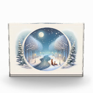 Winter Foxes by Moonlit Snowy River Photo Block