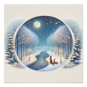 Winter Foxes by Moonlit Snowy River Poster