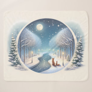 Winter Foxes by Moonlit Snowy River Sherpa Blanket